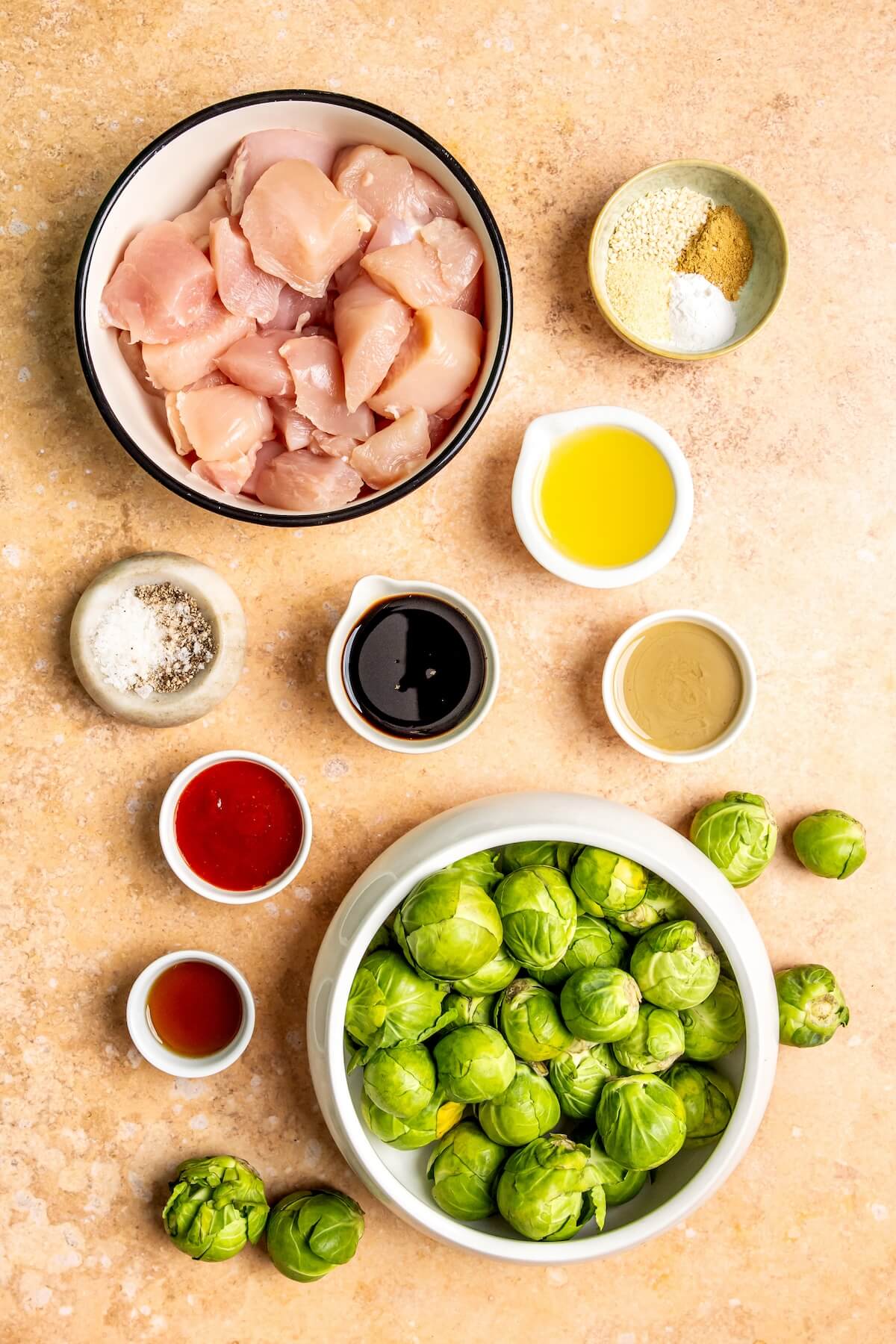 Ingredients for Sheet Pan Sesame Chicken and Brussels Sprouts - Olivia Adriance