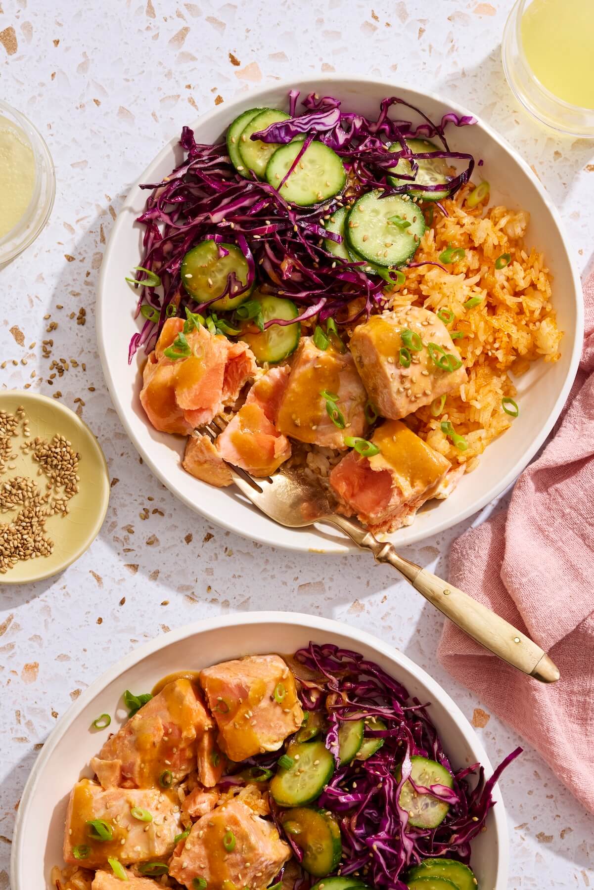 CRISPY RICE SALMON BOWL WITH CUCUMBER SLAW